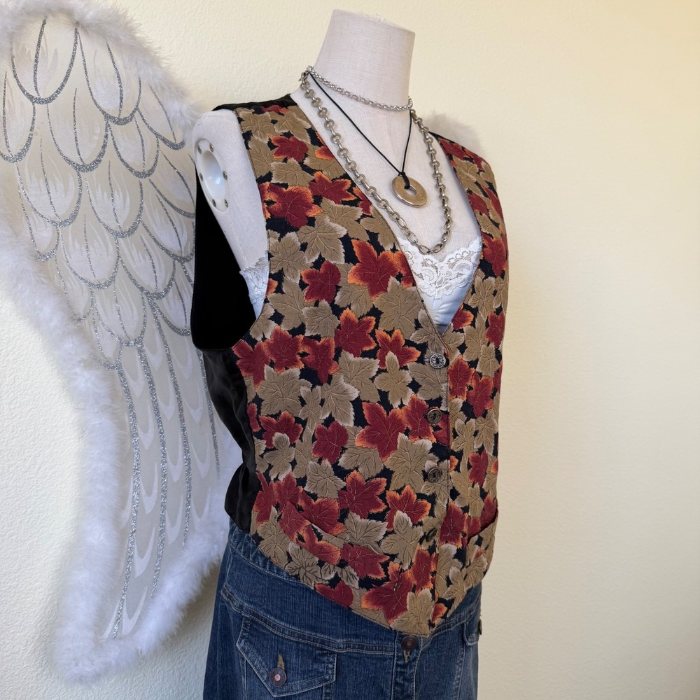 90s Forest Girl Floral Leaf Print Vest Goblincore Retro Teacher Funky Floral - Picture 9 of 9